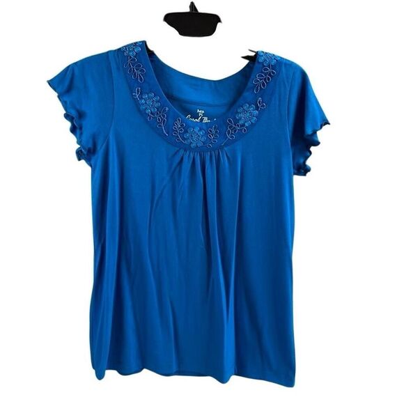 CORAL BAY Women’s Petite Small Embroidered Neckline Short Scalloped Sleeves Boho - Picture 1 of 6